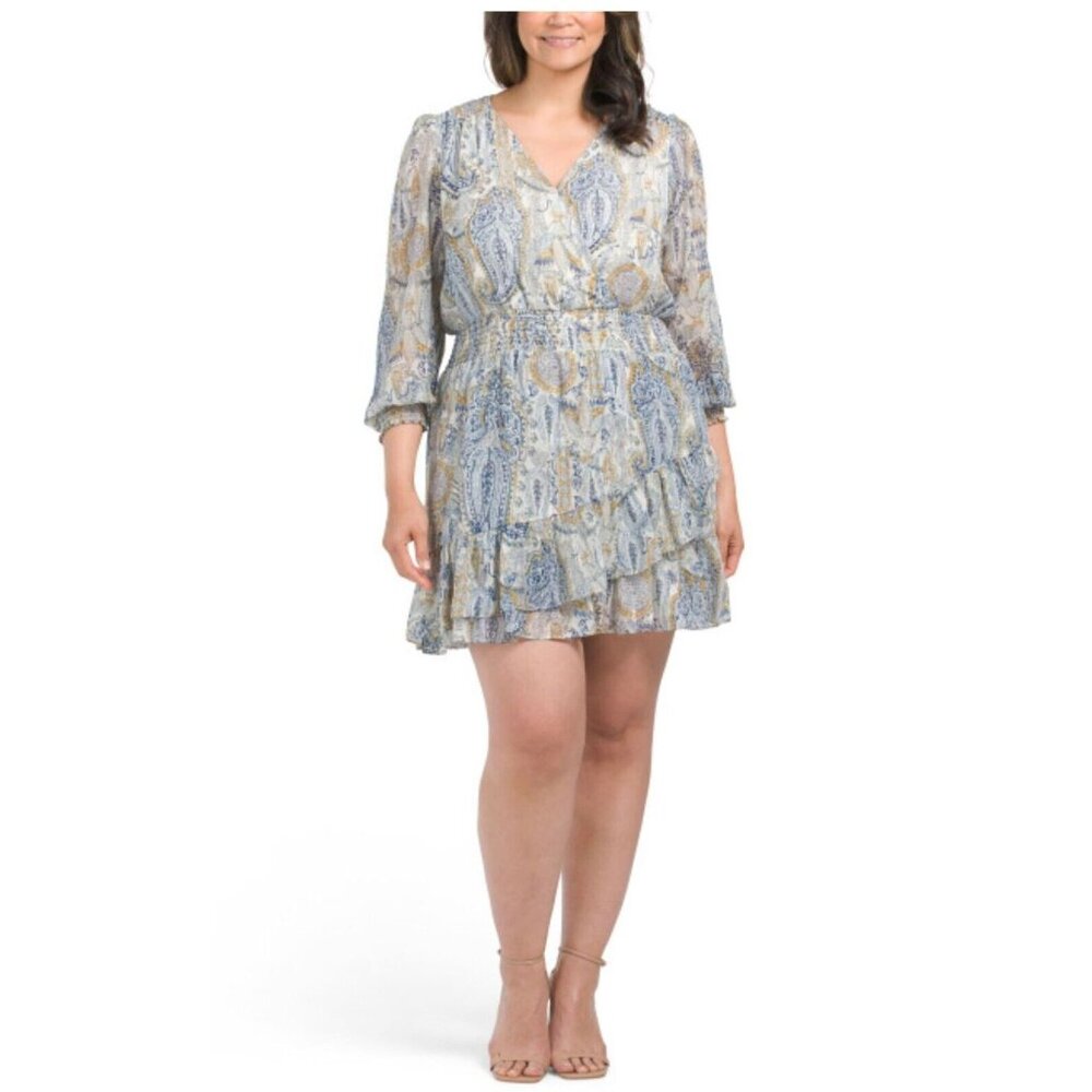 NWT 75% Off VINCE CAMUTO Cross Over Long Sleeve Mini Dress With Ruffle Size XL